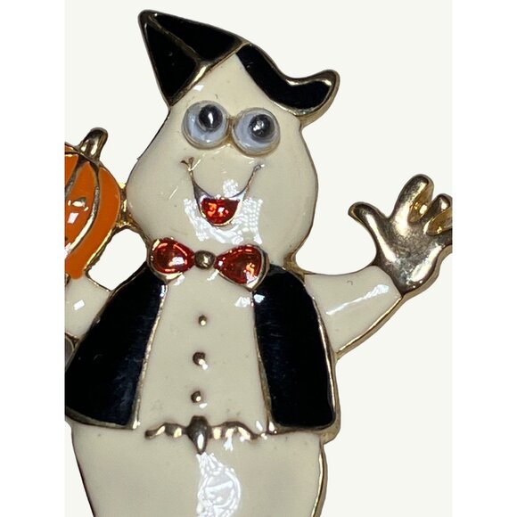 Halloween Pin Brooch Ghost Wearing Top Hat & Holding Pumpkin - Picture 2 of 6